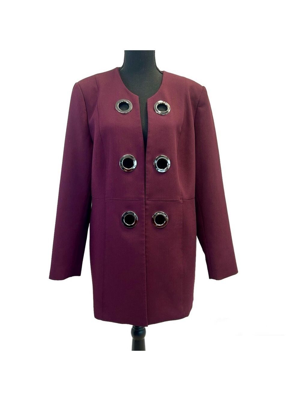 Melanie Lyne maroon burgundy grommet midi jacket coat Sz 16